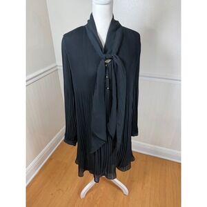 Ann Taylor LOFT Pleated Tie Neck Dress Women Size M Black Long Sleeve Shift